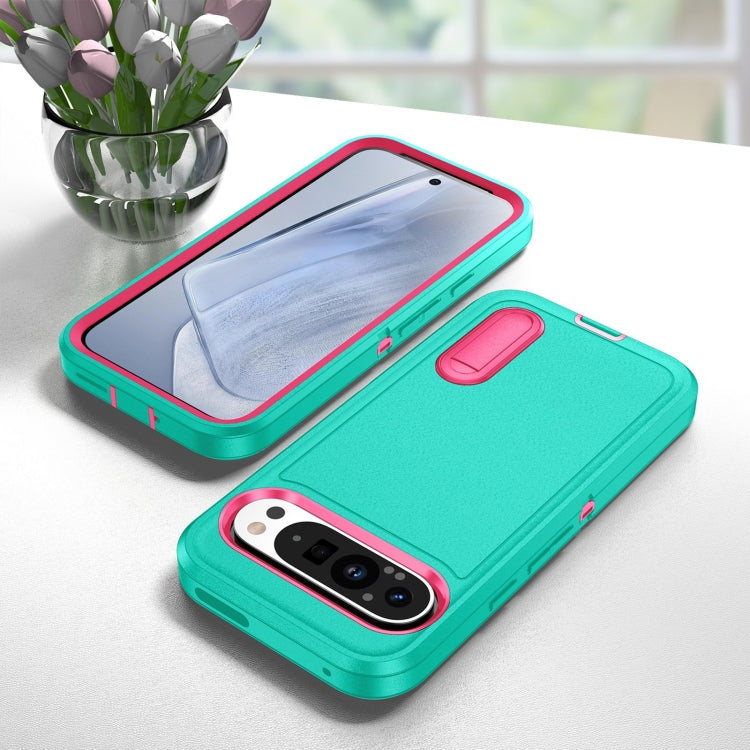 For Google Pixel 9 Rugged PC + Silicone Phone Case with Holder(Light Green+Rose Red) - Google Cases by PMC Jewellery | Online Shopping South Africa | PMC Jewellery | Buy Now Pay Later Mobicred