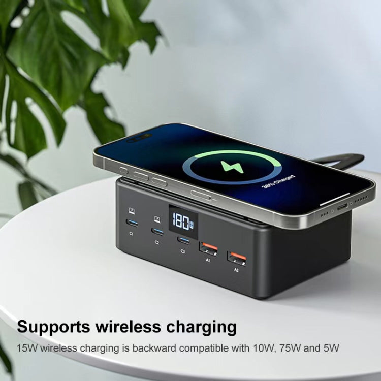 190W LED Display 3 x Type-C + 2 x USB Multi Ports Charger Support QI Wireless Charging(Black) - Multifunction Charger by PMC Jewellery | Online Shopping South Africa | PMC Jewellery | Buy Now Pay Later Mobicred