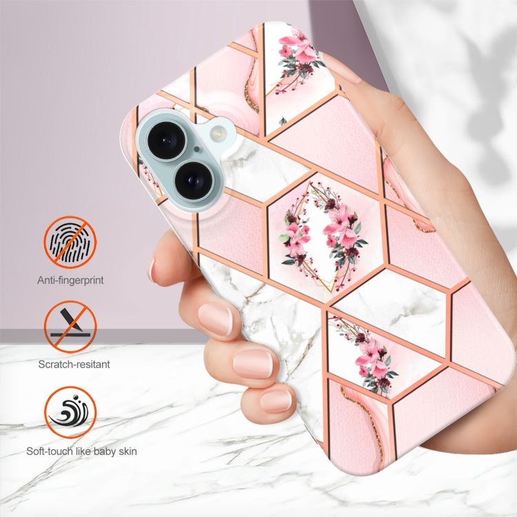 For iPhone 16 Plus Splicing Marble Flower IMD TPU Phone Case(Pink Flower) - iPhone 16 Plus Cases by PMC Jewellery | Online Shopping South Africa | PMC Jewellery | Buy Now Pay Later Mobicred