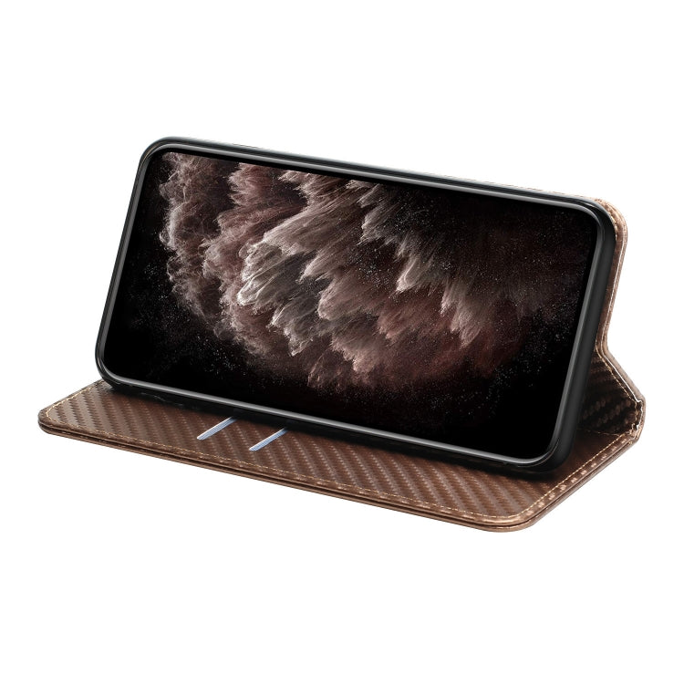 For iPhone 16 Carbon Fiber Texture Magnetic Flip Leather Phone Case(Brown) - iPhone 16 Cases by PMC Jewellery | Online Shopping South Africa | PMC Jewellery | Buy Now Pay Later Mobicred