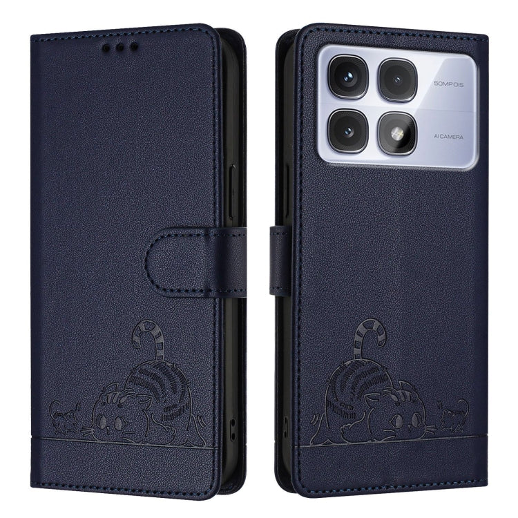 For Redmi K70 Ultra 5G Global Cat Rat Embossed Pattern RFID Leather Phone Case with Lanyard(Blue) - Xiaomi Cases by PMC Jewellery | Online Shopping South Africa | PMC Jewellery | Buy Now Pay Later Mobicred