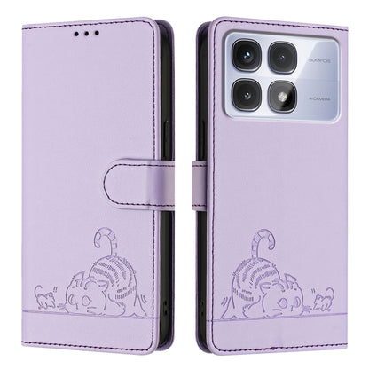 For Redmi K70 Ultra 5G Global Cat Rat Embossed Pattern RFID Leather Phone Case with Lanyard(Purple) - Xiaomi Cases by PMC Jewellery | Online Shopping South Africa | PMC Jewellery | Buy Now Pay Later Mobicred