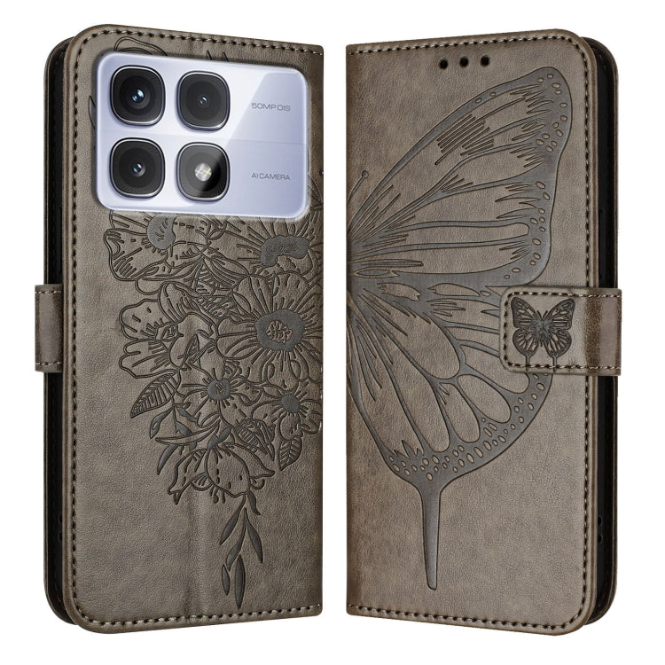 For Redmi K70 Ultra 5G Global Embossed Butterfly Leather Phone Case(Grey) - Xiaomi Cases by PMC Jewellery | Online Shopping South Africa | PMC Jewellery | Buy Now Pay Later Mobicred