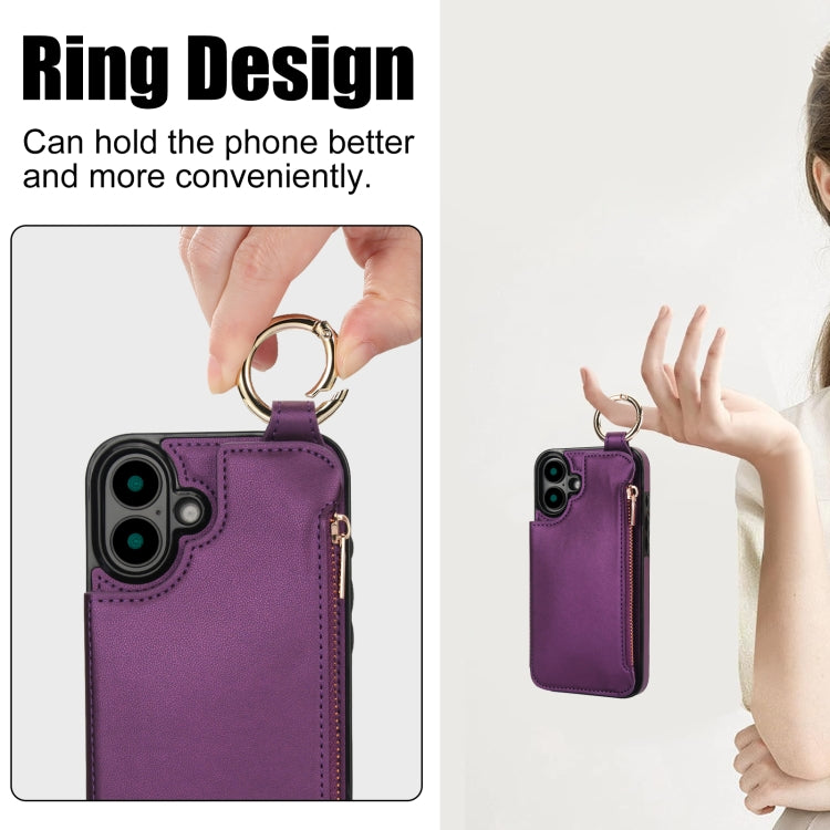 For iPhone 16 Plus RFlD Anti-theft Double Buckle Ring Zipper Card Phone Case(Dark Purple) - iPhone 16 Plus Cases by PMC Jewellery | Online Shopping South Africa | PMC Jewellery | Buy Now Pay Later Mobicred