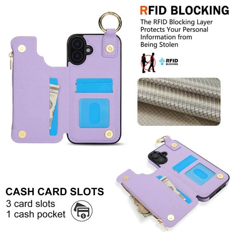 For iPhone 16 RFlD Anti-theft Double Buckle Ring Zipper Card Phone Case(Purple) - iPhone 16 Cases by PMC Jewellery | Online Shopping South Africa | PMC Jewellery | Buy Now Pay Later Mobicred