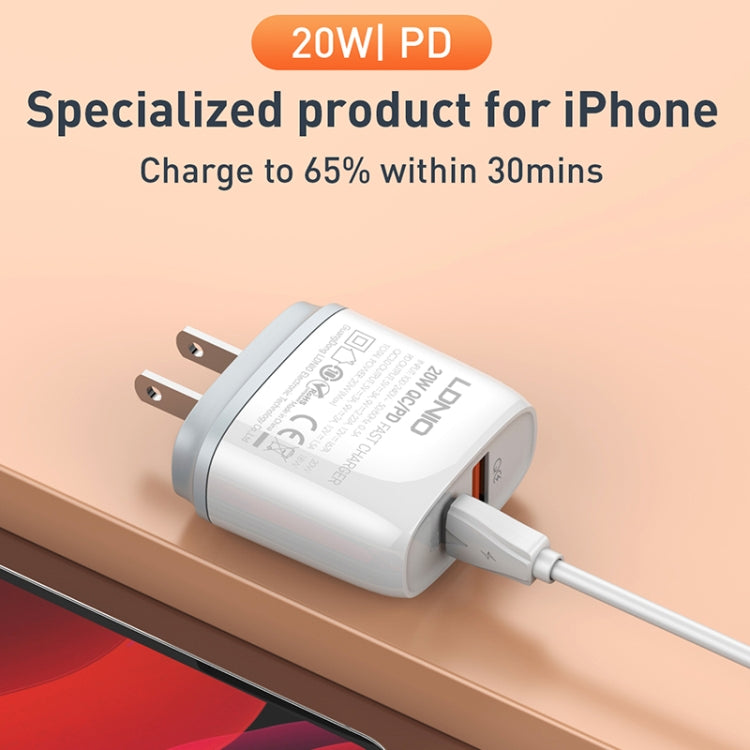 LDNIO Q229 QC3.0 / PD20W USB + Type-C Fast Charger with 1m USB to 8 Pin Cable, Plug Type:EU Plug(White) - USB Charger by LDNIO | Online Shopping South Africa | PMC Jewellery | Buy Now Pay Later Mobicred