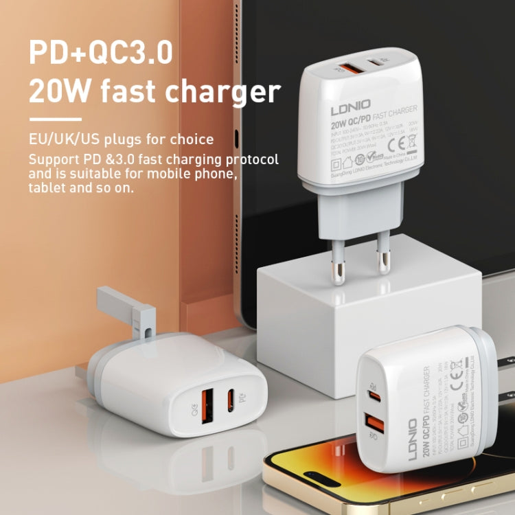 LDNIO Q229 QC3.0 / PD20W USB + Type-C Fast Charger with 1m Type-C to 8 Pin Cable, Plug Type:EU Plug(White) - USB Charger by LDNIO | Online Shopping South Africa | PMC Jewellery | Buy Now Pay Later Mobicred