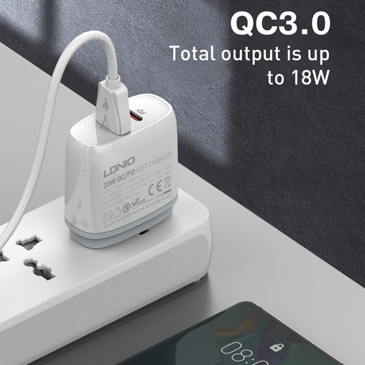 LDNIO Q229 QC3.0 / PD20W USB + Type-C Fast Charger with 1m Type-C to 8 Pin Cable, Plug Type:EU Plug(White) - USB Charger by LDNIO | Online Shopping South Africa | PMC Jewellery | Buy Now Pay Later Mobicred