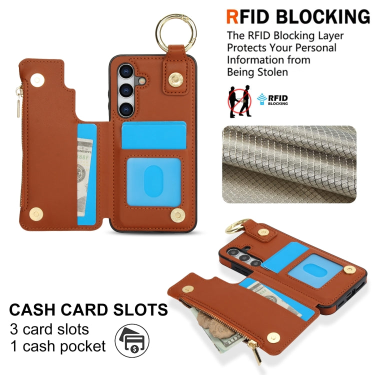 For Samsung Galaxy S24 5G RFlD Anti-theft Double Buckle Ring Zipper Card Phone Case(Brown) - Galaxy S24 5G Cases by PMC Jewellery | Online Shopping South Africa | PMC Jewellery | Buy Now Pay Later Mobicred