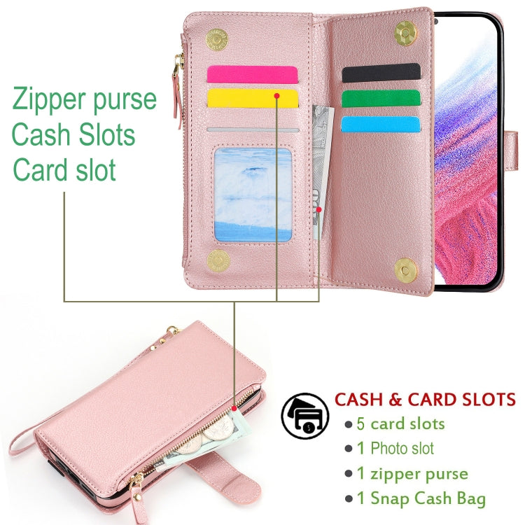 For Samsung Galaxy S24 5G Wristband Holder Zipper Purse RFID Leather Phone Case(Rose Gold) - Galaxy S24 5G Cases by PMC Jewellery | Online Shopping South Africa | PMC Jewellery | Buy Now Pay Later Mobicred