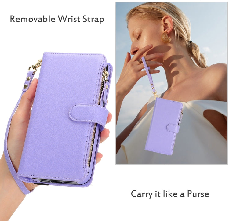 For Samsung Galaxy S24 5G Wristband Holder Zipper Purse RFID Leather Phone Case(Purple) - Galaxy S24 5G Cases by PMC Jewellery | Online Shopping South Africa | PMC Jewellery | Buy Now Pay Later Mobicred