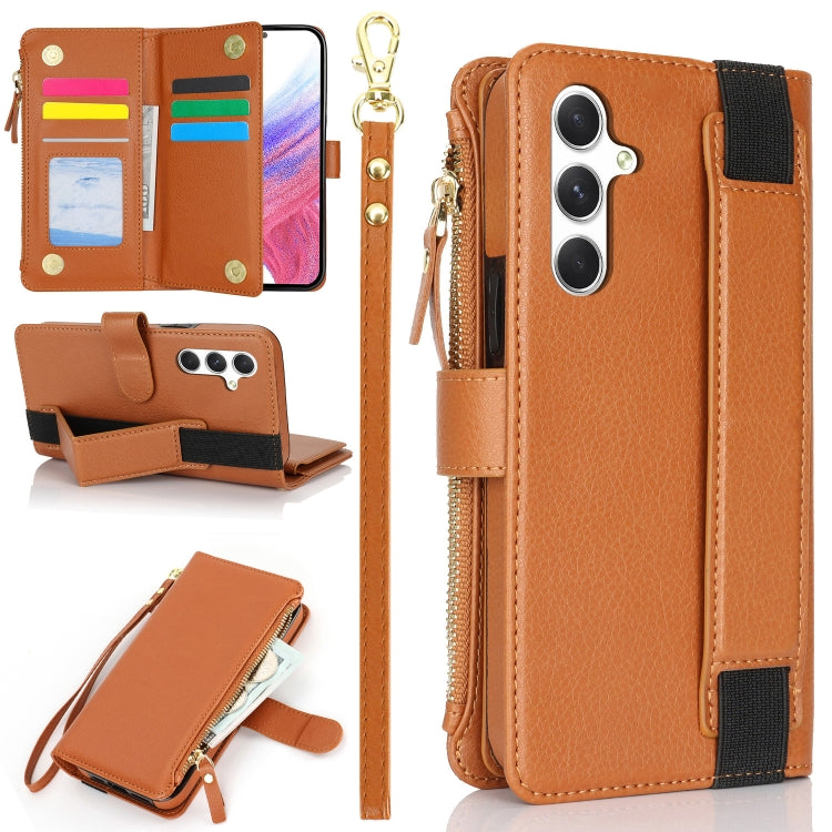 For Samsung Galaxy S24+ 5G Wristband Holder Zipper Purse RFID Leather Phone Case(Brown) - Galaxy S24+ 5G Cases by PMC Jewellery | Online Shopping South Africa | PMC Jewellery | Buy Now Pay Later Mobicred