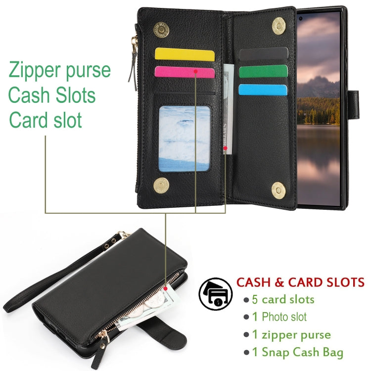 For Samsung Galaxy S24 Ultra 5G Wristband Holder Zipper Purse RFID Leather Phone Case(Black) - Galaxy S24 Ultra 5G Cases by PMC Jewellery | Online Shopping South Africa | PMC Jewellery | Buy Now Pay Later Mobicred