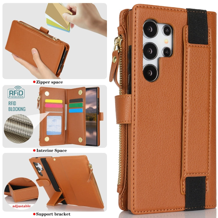 For Samsung Galaxy S24 Ultra 5G Wristband Holder Zipper Purse RFID Leather Phone Case(Brown) - Galaxy S24 Ultra 5G Cases by PMC Jewellery | Online Shopping South Africa | PMC Jewellery | Buy Now Pay Later Mobicred