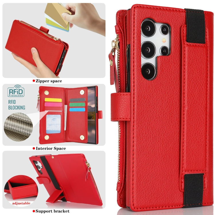 For Samsung Galaxy S24 Ultra 5G Wristband Holder Zipper Purse RFID Leather Phone Case(Red) - Galaxy S24 Ultra 5G Cases by PMC Jewellery | Online Shopping South Africa | PMC Jewellery | Buy Now Pay Later Mobicred