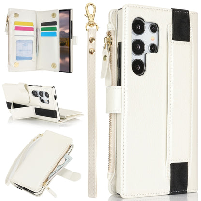 For Samsung Galaxy S24 Ultra 5G Wristband Holder Zipper Purse RFID Leather Phone Case(White) - Galaxy S24 Ultra 5G Cases by PMC Jewellery | Online Shopping South Africa | PMC Jewellery | Buy Now Pay Later Mobicred