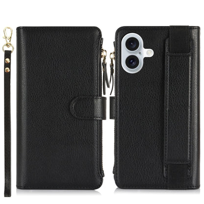 For iPhone 16 Wristband Holder Zipper Purse RFID Leather Phone Case(Black) - iPhone 16 Cases by PMC Jewellery | Online Shopping South Africa | PMC Jewellery | Buy Now Pay Later Mobicred