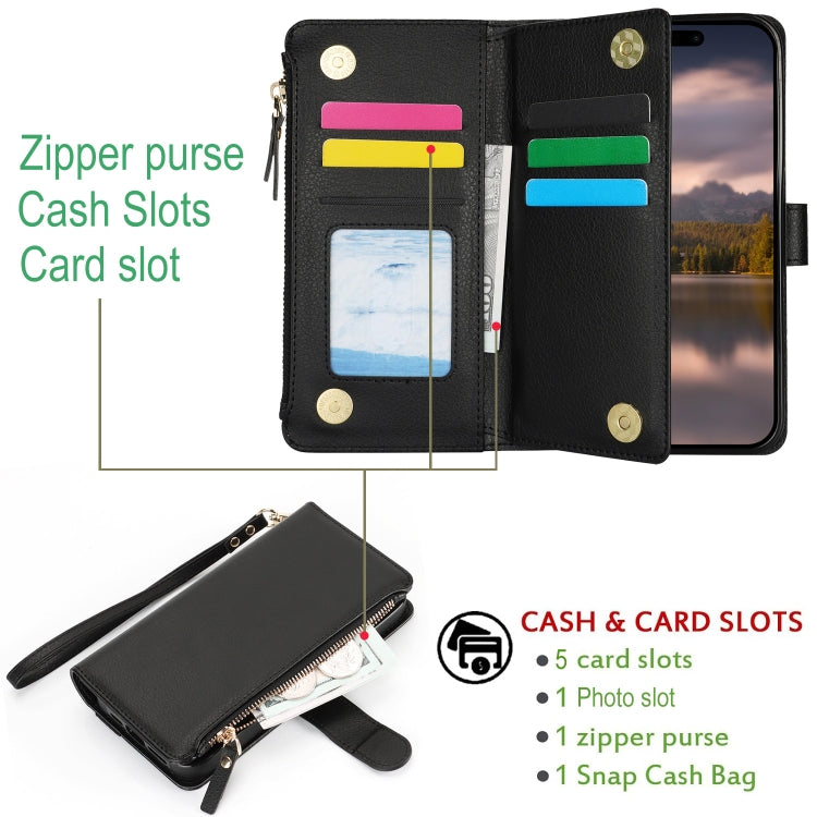 For iPhone 16 Wristband Holder Zipper Purse RFID Leather Phone Case(Black) - iPhone 16 Cases by PMC Jewellery | Online Shopping South Africa | PMC Jewellery | Buy Now Pay Later Mobicred