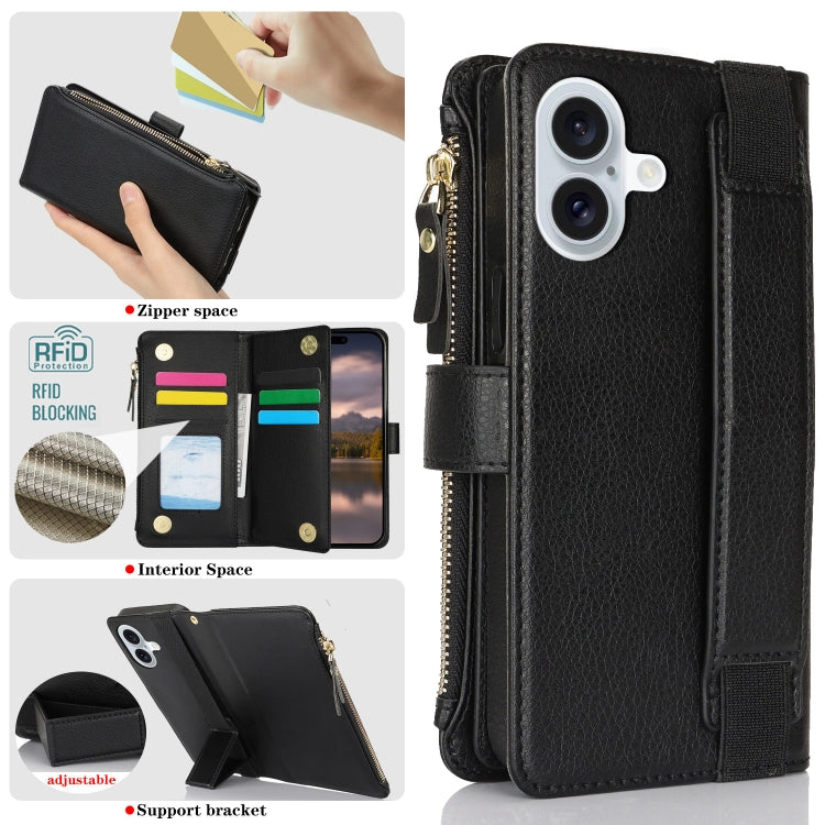 For iPhone 16 Wristband Holder Zipper Purse RFID Leather Phone Case(Black) - iPhone 16 Cases by PMC Jewellery | Online Shopping South Africa | PMC Jewellery | Buy Now Pay Later Mobicred