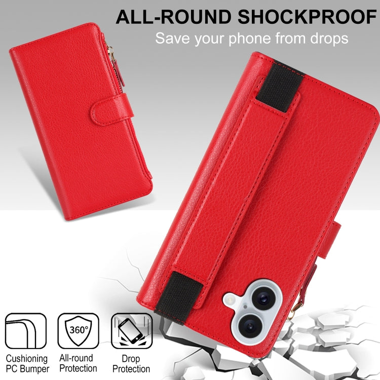 For iPhone 16 Plus Wristband Holder Zipper Purse RFID Leather Phone Case(Red) - iPhone 16 Plus Cases by PMC Jewellery | Online Shopping South Africa | PMC Jewellery | Buy Now Pay Later Mobicred