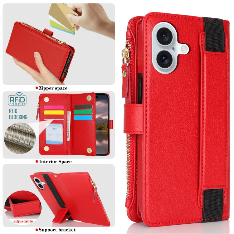 For iPhone 16 Plus Wristband Holder Zipper Purse RFID Leather Phone Case(Red) - iPhone 16 Plus Cases by PMC Jewellery | Online Shopping South Africa | PMC Jewellery | Buy Now Pay Later Mobicred