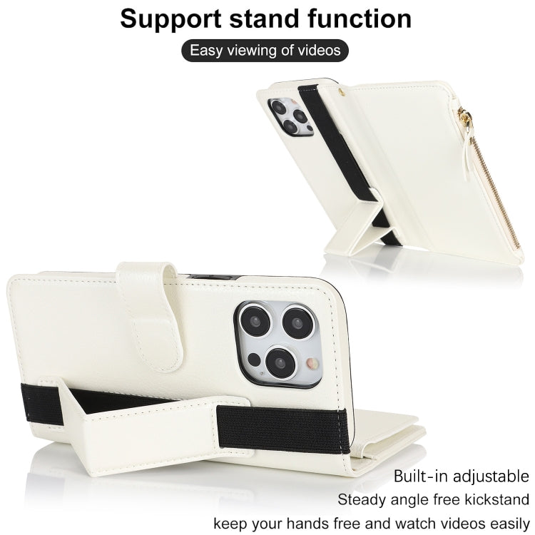 For iPhone 16 Pro Wristband Holder Zipper Purse RFID Leather Phone Case(White) - iPhone 16 Pro Cases by PMC Jewellery | Online Shopping South Africa | PMC Jewellery | Buy Now Pay Later Mobicred