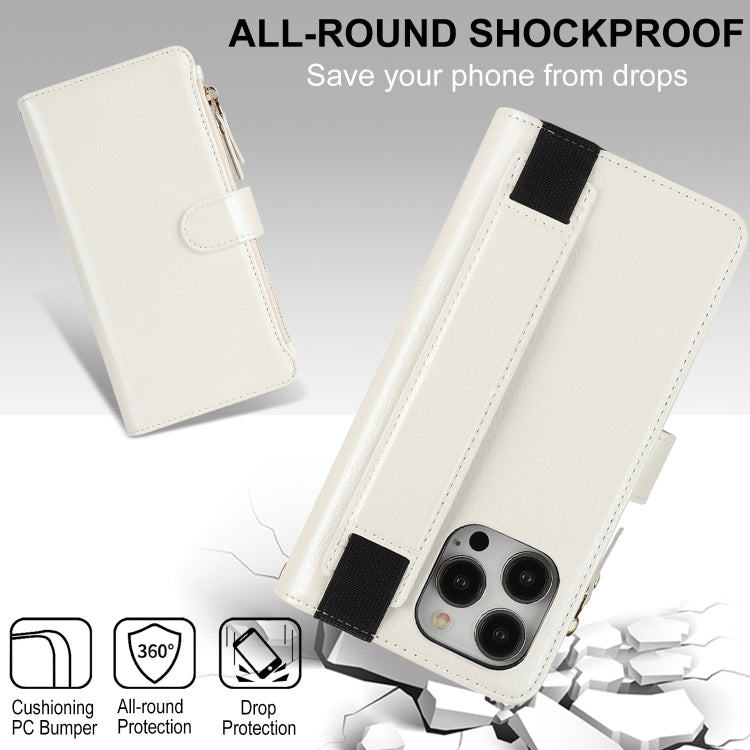 For iPhone 16 Pro Wristband Holder Zipper Purse RFID Leather Phone Case(White) - iPhone 16 Pro Cases by PMC Jewellery | Online Shopping South Africa | PMC Jewellery | Buy Now Pay Later Mobicred