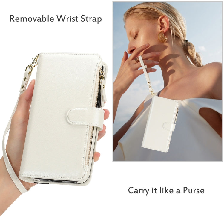 For iPhone 16 Pro Wristband Holder Zipper Purse RFID Leather Phone Case(White) - iPhone 16 Pro Cases by PMC Jewellery | Online Shopping South Africa | PMC Jewellery | Buy Now Pay Later Mobicred