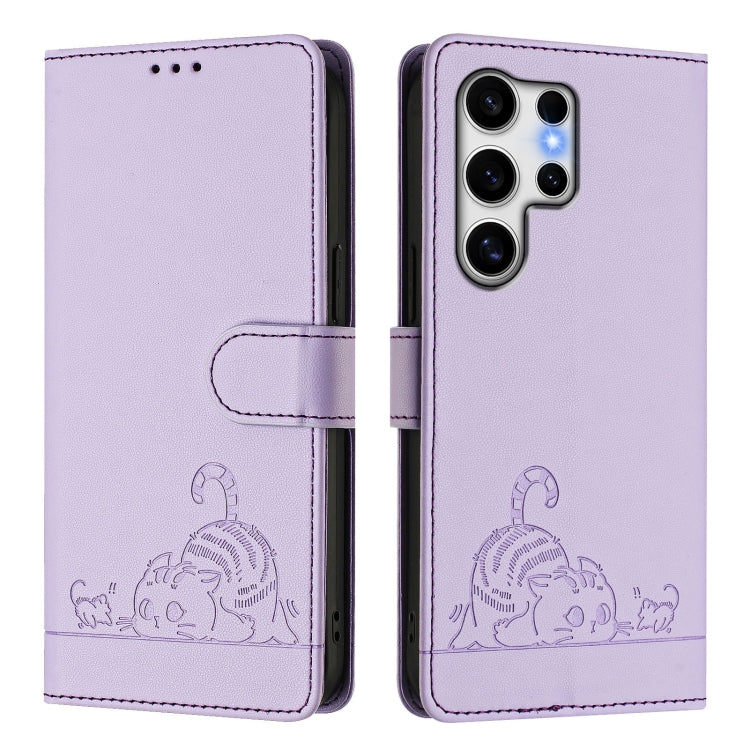 For Samsung Galaxy S25 Ultra 5G Cat Rat Embossed RFID Leather Phone Case with Lanyard(Purple) - Galaxy S25 Ultra 5G Cases by PMC Jewellery | Online Shopping South Africa | PMC Jewellery | Buy Now Pay Later Mobicred