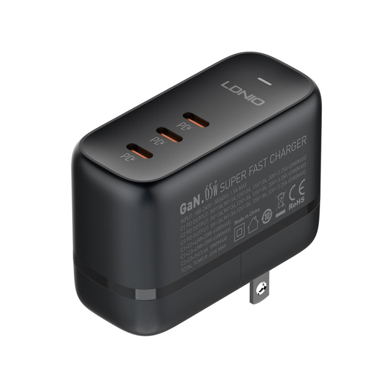 LDNIO Q367 65W GaN 3 x USB-C / Type-C Interface Charger with 1m USB-C / Type-C to USB-C / Type-C Data Cable, Plug Type:US Plug(Black) - USB Charger by LDNIO | Online Shopping South Africa | PMC Jewellery | Buy Now Pay Later Mobicred