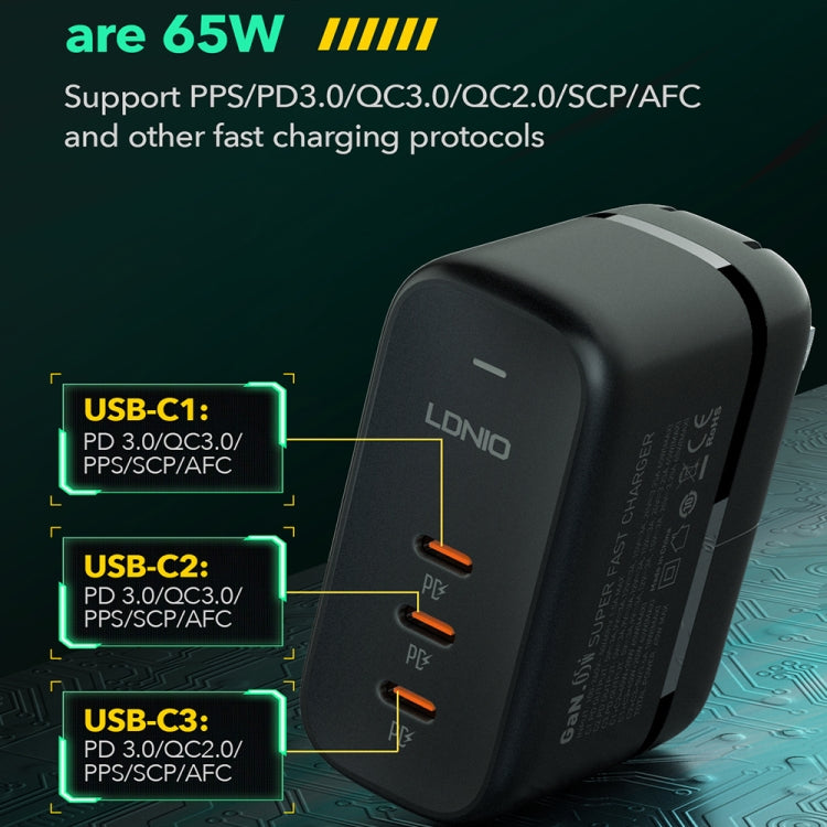 LDNIO Q367 65W GaN 3 x USB-C / Type-C Interface Charger with 1m USB-C / Type-C to USB-C / Type-C Data Cable, Plug Type:EU Plug(Black) - USB Charger by LDNIO | Online Shopping South Africa | PMC Jewellery | Buy Now Pay Later Mobicred