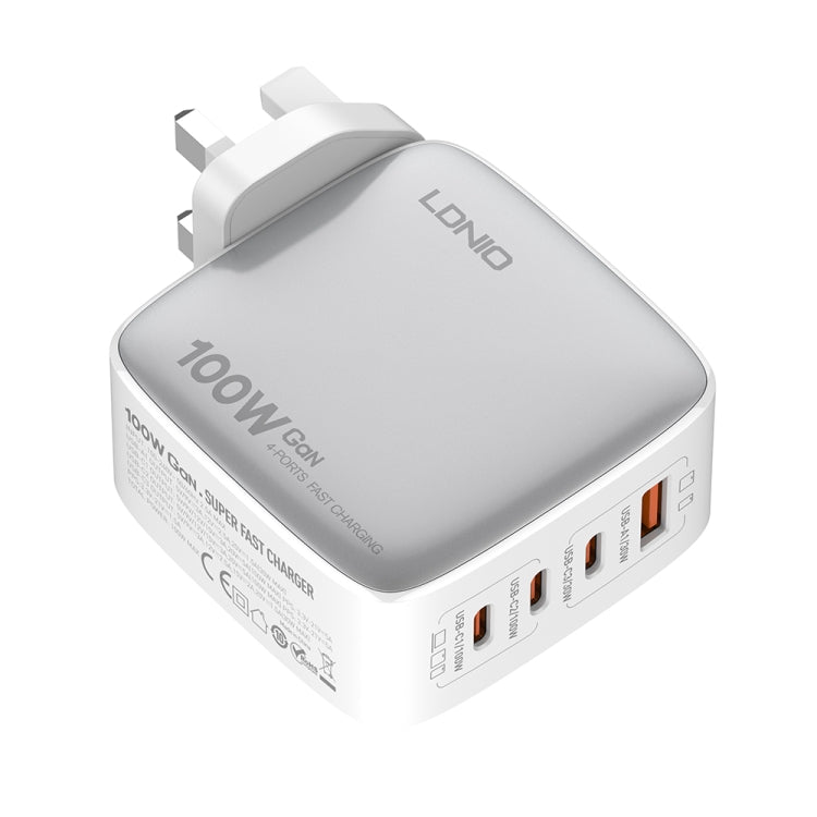 LDNIO Q408 100W GaN USB+3 USB-C / Type-C Interface Charger with 1m 100W USB-C / Type-C to USB-C / Type-C Data Cable, Plug Type:UK Plug(White) - USB Charger by LDNIO | Online Shopping South Africa | PMC Jewellery | Buy Now Pay Later Mobicred