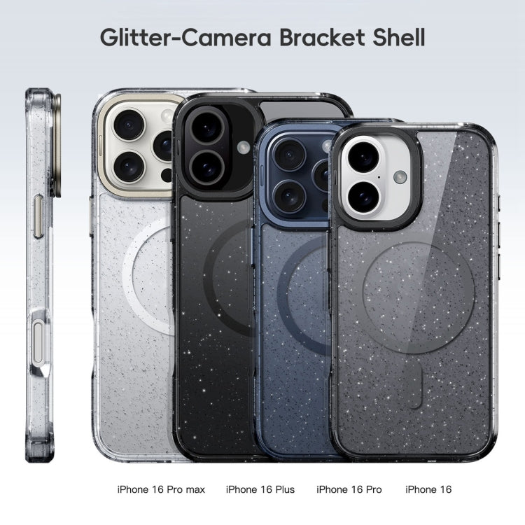 For iPhone 16 Pro Glitter Powder Lens Holder MagSafe Magnetic Phone Case(Transparent Black) - iPhone 16 Pro Cases by PMC Jewellery | Online Shopping South Africa | PMC Jewellery | Buy Now Pay Later Mobicred