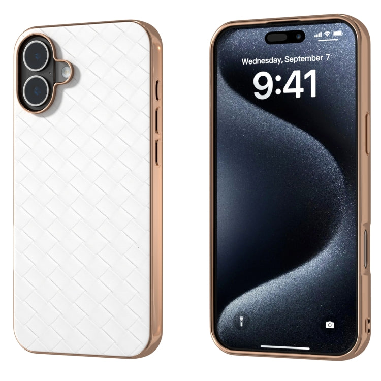 For iPhone 16 Electroplated Frame Woven Texture PU Phone Case(White) - iPhone 16 Cases by PMC Jewellery | Online Shopping South Africa | PMC Jewellery | Buy Now Pay Later Mobicred