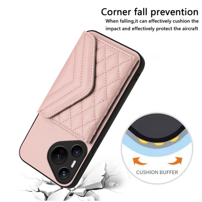 For Huawei Pura 70 Rhombic Texture Card Bag RFID Phone Case with Long Lanyard(Rose Gold) - Huawei Cases by PMC Jewellery | Online Shopping South Africa | PMC Jewellery | Buy Now Pay Later Mobicred