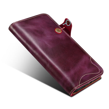 For iPhone 16 Denior B01 Oil Wax Cowhide Magnetic Button Genuine Leather Case(Purple) - iPhone 16 Cases by Denior | Online Shopping South Africa | PMC Jewellery | Buy Now Pay Later Mobicred