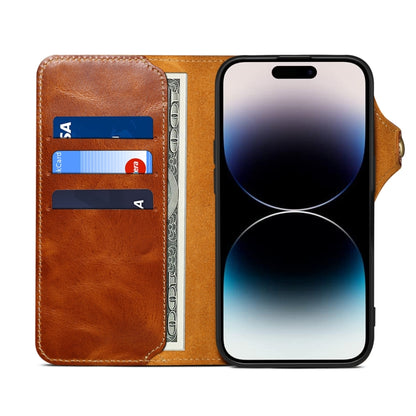 For iPhone 16 Denior B01 Oil Wax Cowhide Magnetic Button Genuine Leather Case(Brown) - iPhone 16 Cases by Denior | Online Shopping South Africa | PMC Jewellery | Buy Now Pay Later Mobicred