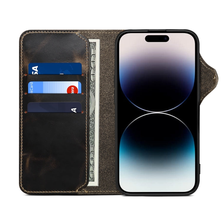 For iPhone 16 Plus Denior B01 Oil Wax Cowhide Magnetic Button Genuine Leather Case(Black) - iPhone 16 Plus Cases by Denior | Online Shopping South Africa | PMC Jewellery | Buy Now Pay Later Mobicred