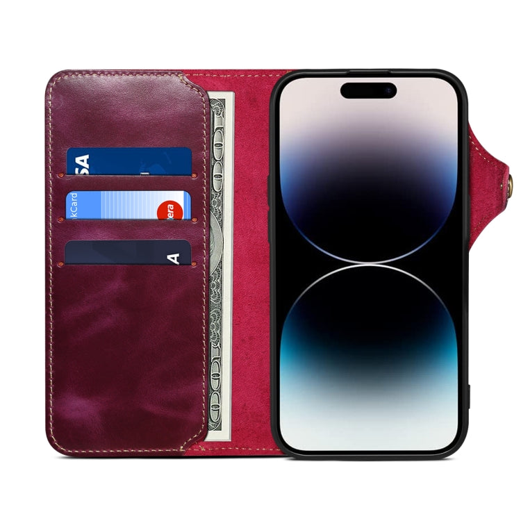 For iPhone 16 Plus Denior B01 Oil Wax Cowhide Magnetic Button Genuine Leather Case(Purple) - iPhone 16 Plus Cases by Denior | Online Shopping South Africa | PMC Jewellery | Buy Now Pay Later Mobicred