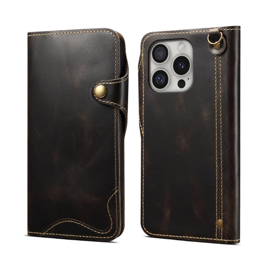 For iPhone 16 Pro Denior B01 Oil Wax Cowhide Magnetic Button Genuine Leather Case(Black) - iPhone 16 Pro Cases by Denior | Online Shopping South Africa | PMC Jewellery | Buy Now Pay Later Mobicred