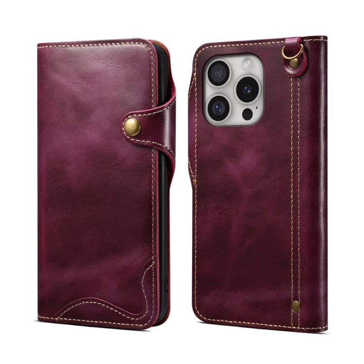 For iPhone 16 Pro Denior B01 Oil Wax Cowhide Magnetic Button Genuine Leather Case(Purple) - iPhone 16 Pro Cases by Denior | Online Shopping South Africa | PMC Jewellery | Buy Now Pay Later Mobicred