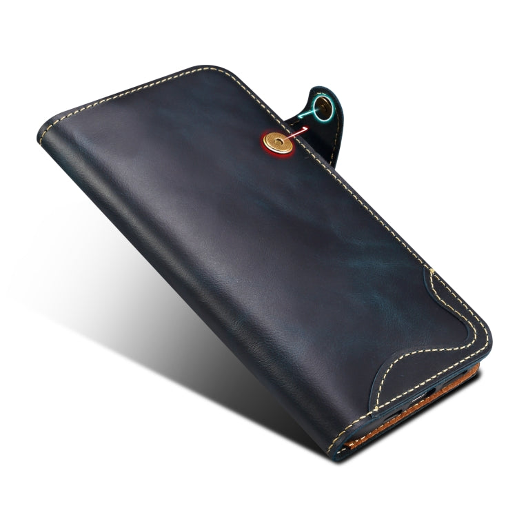 For iPhone 16 Pro Denior B01 Oil Wax Cowhide Magnetic Button Genuine Leather Case(Blue) - iPhone 16 Pro Cases by Denior | Online Shopping South Africa | PMC Jewellery | Buy Now Pay Later Mobicred