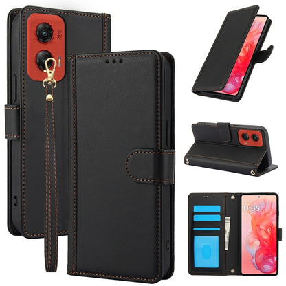 For Motorola Moto G Stylus 5G 2024 Skin Feel Pure Color Card Slots Leather Phone Case with Dual Lanyard(Black) - Motorola Cases by PMC Jewellery | Online Shopping South Africa | PMC Jewellery | Buy Now Pay Later Mobicred