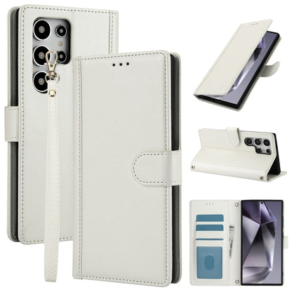 For Samsung Galaxy S25 Ultra 5G Skin Feel Pure Color Card Slots Leather Phone Case with Dual Lanyard(White) - Galaxy S25 Ultra 5G Cases by PMC Jewellery | Online Shopping South Africa | PMC Jewellery | Buy Now Pay Later Mobicred