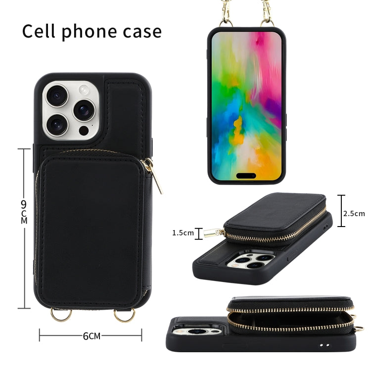 For iPhone 16 Pro Crossbody Zipper Wallet Bag Leather Phone Case with Lanyard(Black) - iPhone 16 Pro Cases by PMC Jewellery | Online Shopping South Africa | PMC Jewellery | Buy Now Pay Later Mobicred