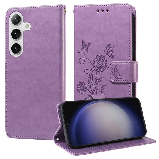 For Samsung Galaxy S25+ 5G Embossed Butterfly Flowers Leather Phone Case(Purple) - Galaxy S25+ 5G Cases by PMC Jewellery | Online Shopping South Africa | PMC Jewellery | Buy Now Pay Later Mobicred