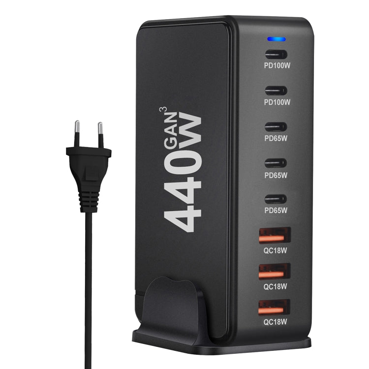 440W GaN USB Power Adapter Travel Charger with 3 x USB, 5 x PD Port, Plug:EU Plug(Black) - Multifunction Charger by PMC Jewellery | Online Shopping South Africa | PMC Jewellery | Buy Now Pay Later Mobicred