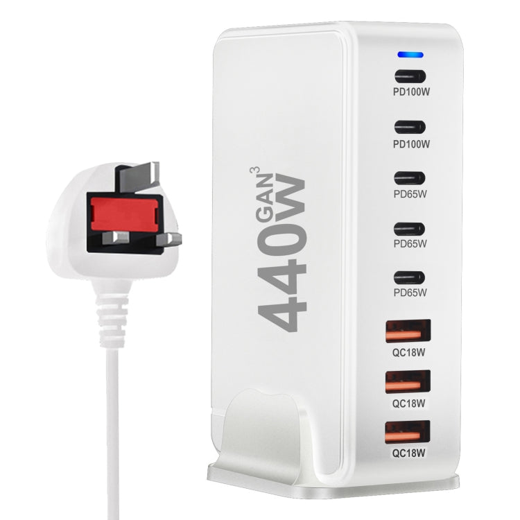 440W GaN USB Power Adapter Travel Charger with 3 x USB, 5 x PD Port, Plug:UK Plug(White) - Multifunction Charger by PMC Jewellery | Online Shopping South Africa | PMC Jewellery | Buy Now Pay Later Mobicred