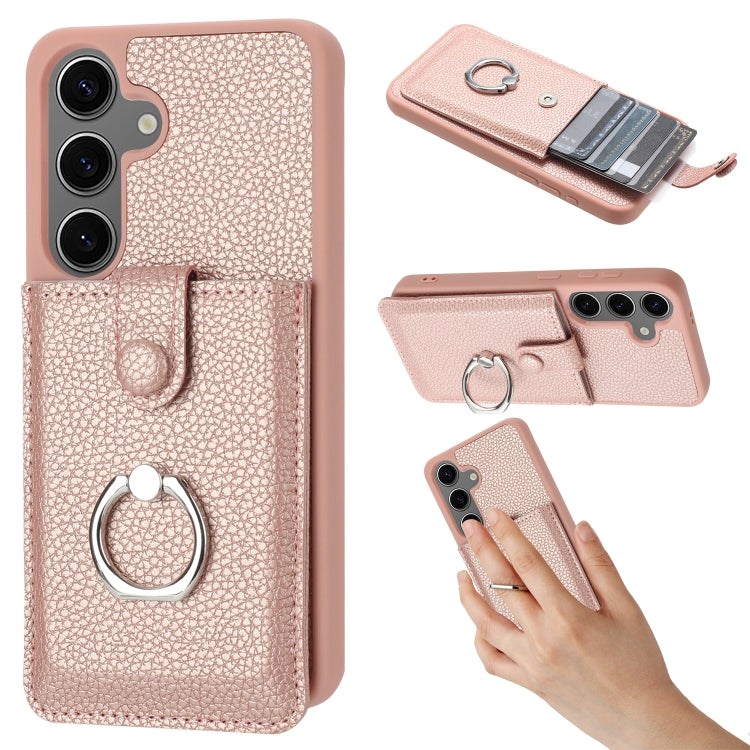 For Samsung Galaxy S25+ 5G Litchi Texture Drawing Card Bag Ring Holder Phone Case(Rose Gold) - Galaxy S25+ 5G Cases by PMC Jewellery | Online Shopping South Africa | PMC Jewellery | Buy Now Pay Later Mobicred