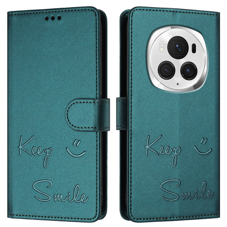 For Honor Magic6 Pro 5G Global Smile Embossing RFID Leather Phone Case(Peacock Green) - Honor Cases by PMC Jewellery | Online Shopping South Africa | PMC Jewellery | Buy Now Pay Later Mobicred